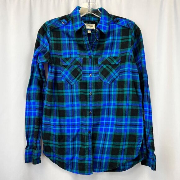 Express Womens Boyfriend Long Sleeve Button Down Top Multicolor Plaid size XXS - Picture 1 of 9